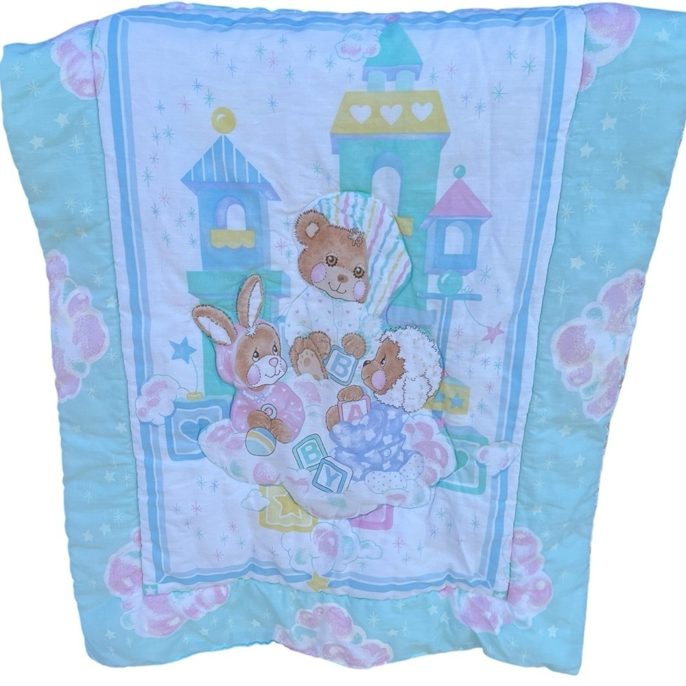 VTG Pastel Beddy Teddy Bear Riegel Quilted Crib Comforter BABY Blocks 31x42 GUC